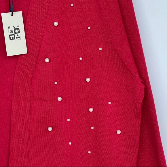 Max Studio Knit Cardigan Pearls Embellished Open Front Long Sleeves Red Ribbed - Picture 10 of 14